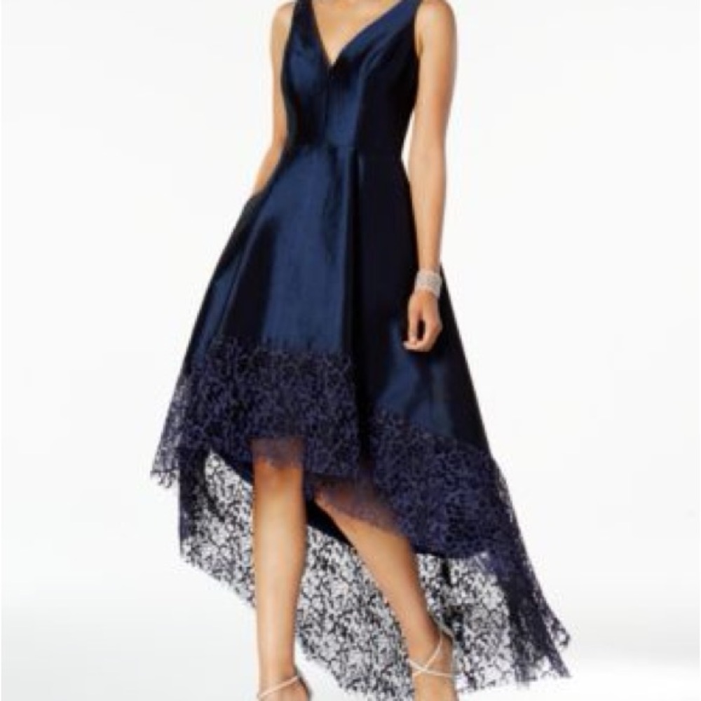 Elegant Navy Blue Lace Hem Evening Dress